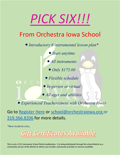 orchestra iowa instrumental lesson flyer